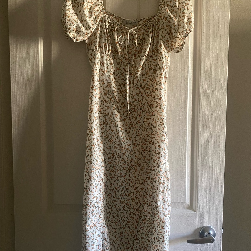 Cream Floral Puff Sleeve Midi Dress